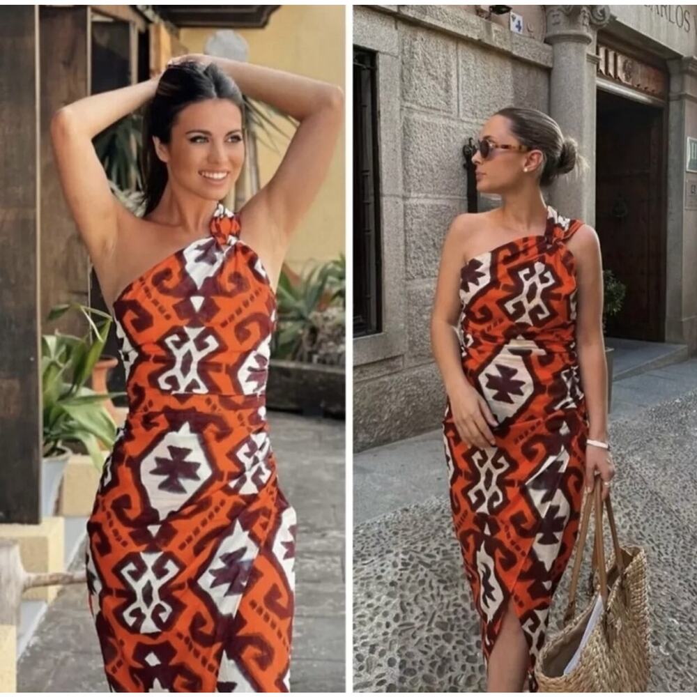 Zara One-Shoulder Midi Dress in Orange, White & Brown Tribal Print